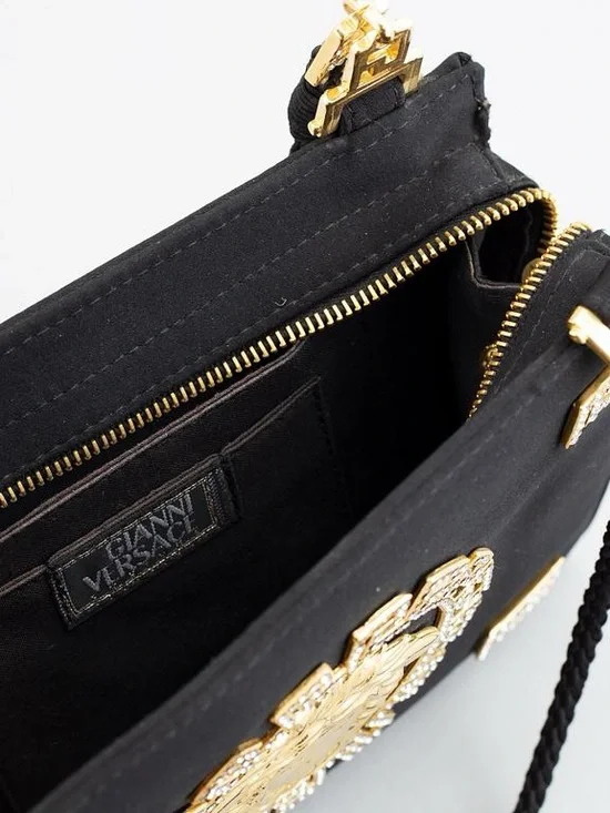 Gianni Versace Couture Vintage Medusa Satin Shoulder Bag Black Gold Rhinestone - Picture 7 of 12